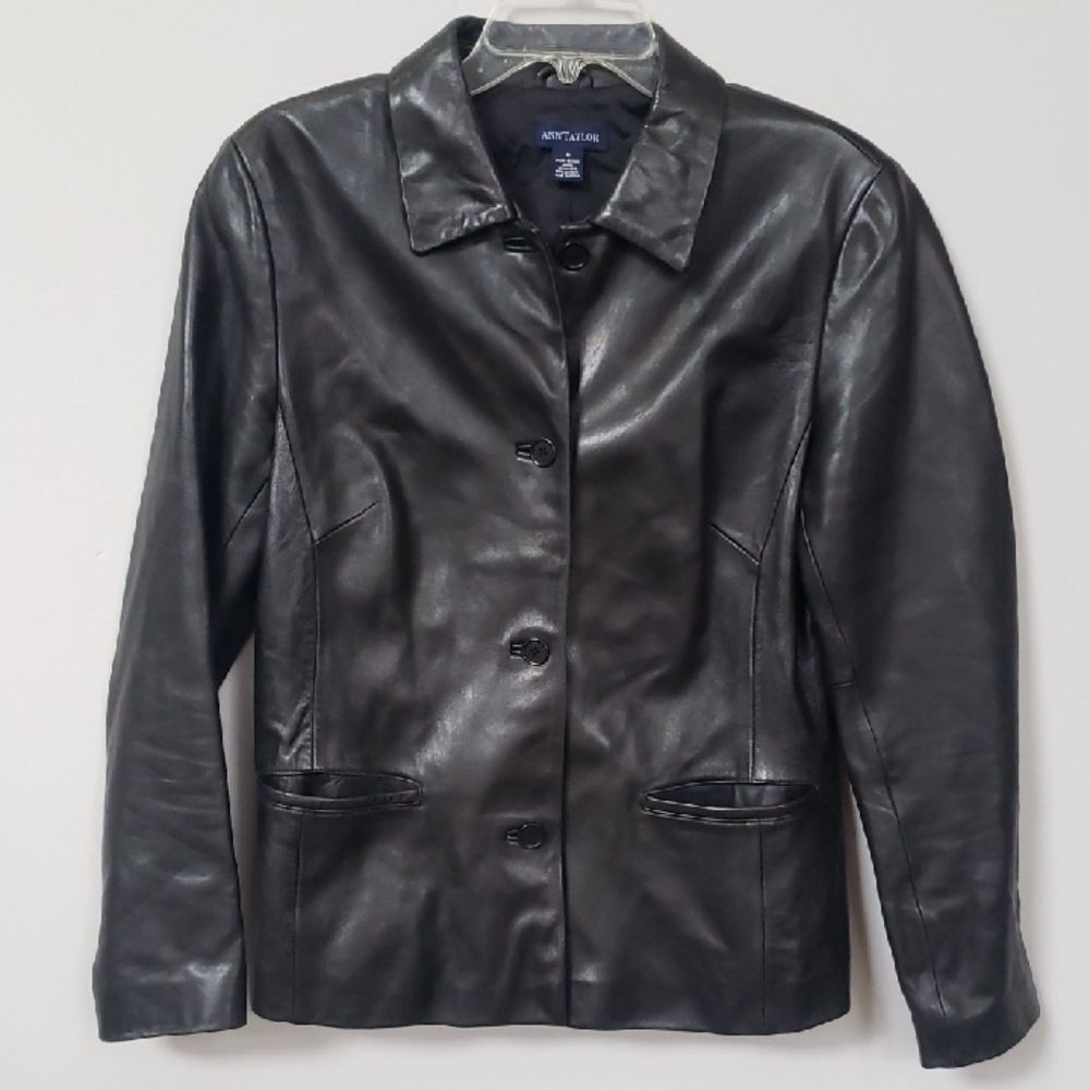 Ann Taylor Black Leather Jacket Womens M Blazer Coat Office Siren Corpcore Moto